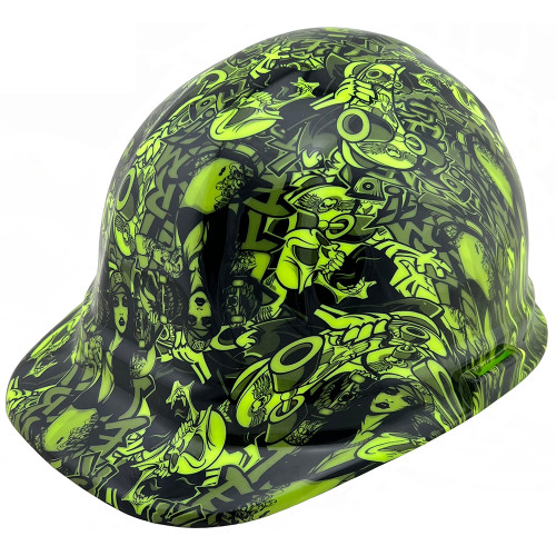 Skater Girl Neon Green Design Cap Style Hydro Dipped Hard Hats
Left Side Oblique View