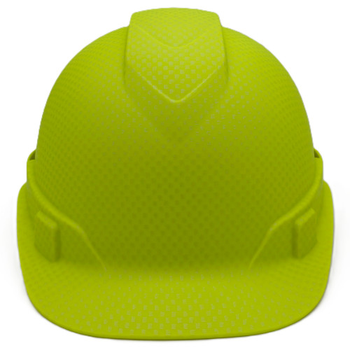 Front View Pyramex Ridgeline Cap Style Hard Hat with Matte Lime Graphite Pattern 
