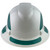 Pyramex Ridgeline Full Brim Style Hard Hat with Shiny White Graphite Pattern with Green Decals - Front View