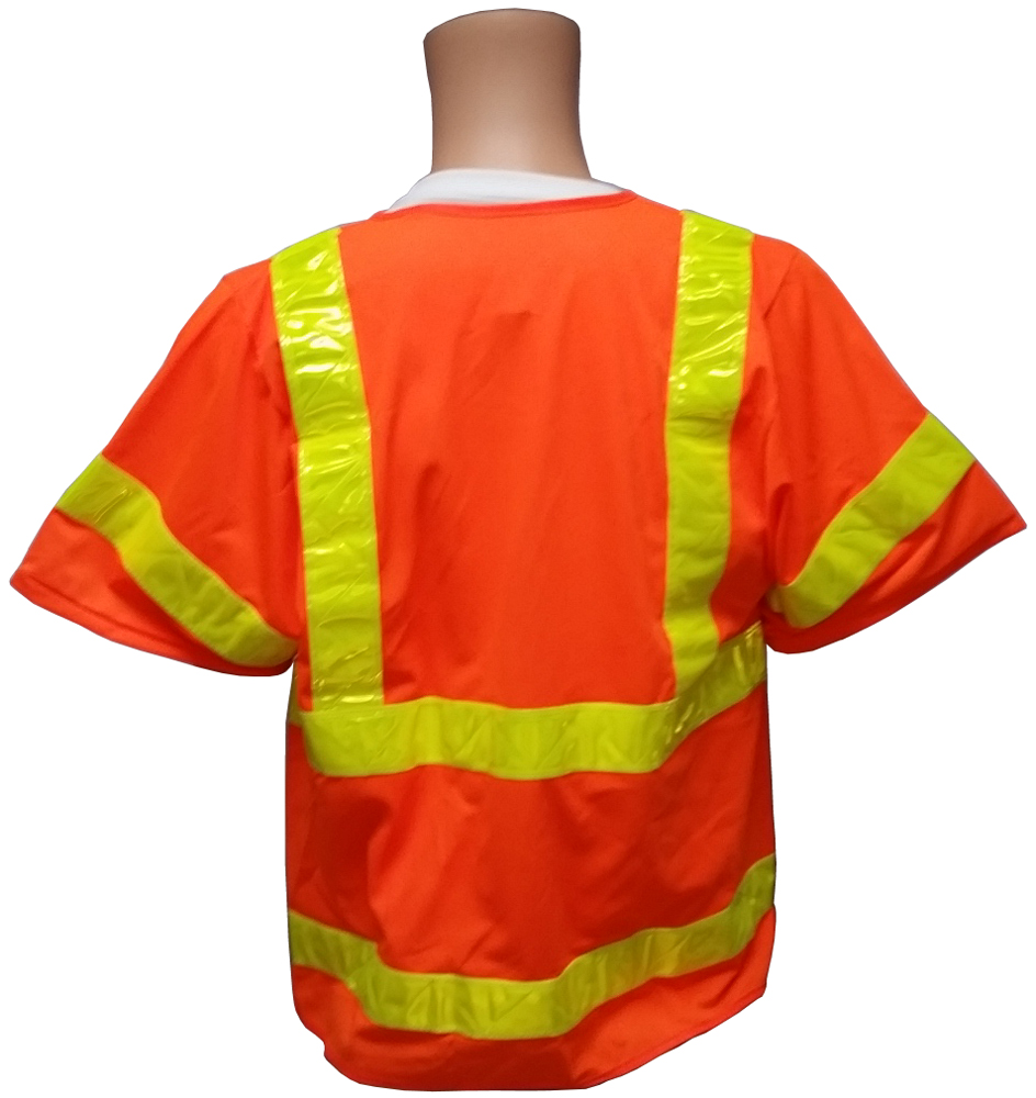 ANSI 2004 SLEEVED Class 3 Double Stripe Orange Safety Vests - Lime Stripes Back