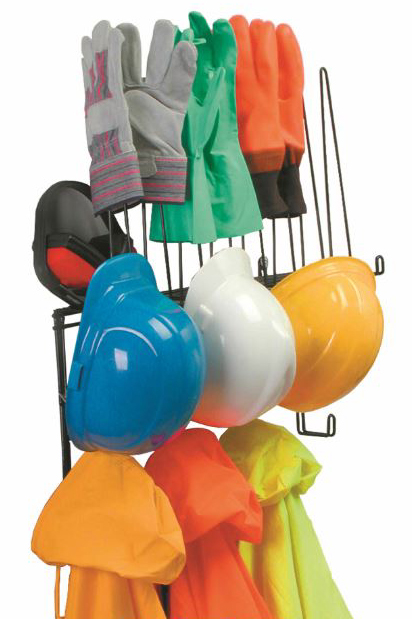 PPE Storage Rack, Holds 4 Hard Hats, 4pr. Gloves, 4 sets of rainwear, Shelf for hats or earmuffs - Detail