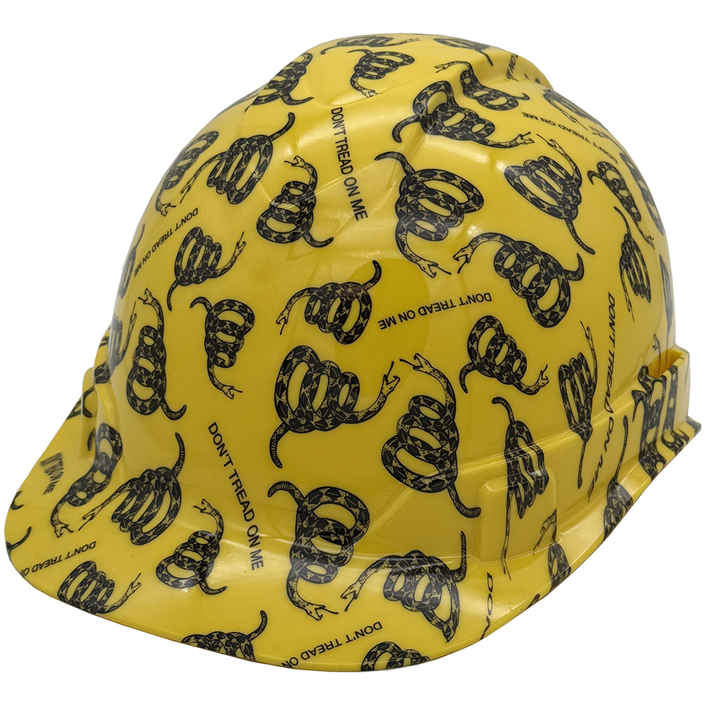 Don't Tread on Me Yellow Hydro Dipped Cap Style Hard Hat Oblique Left