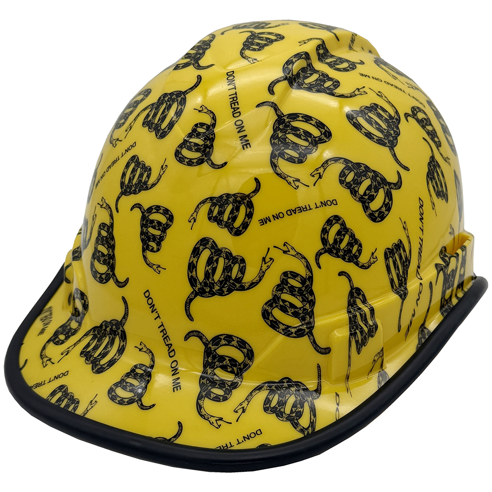 Don't Tread on Me Yellow Hydro Dipped Cap Style Hard Hat Edge Oblique Left