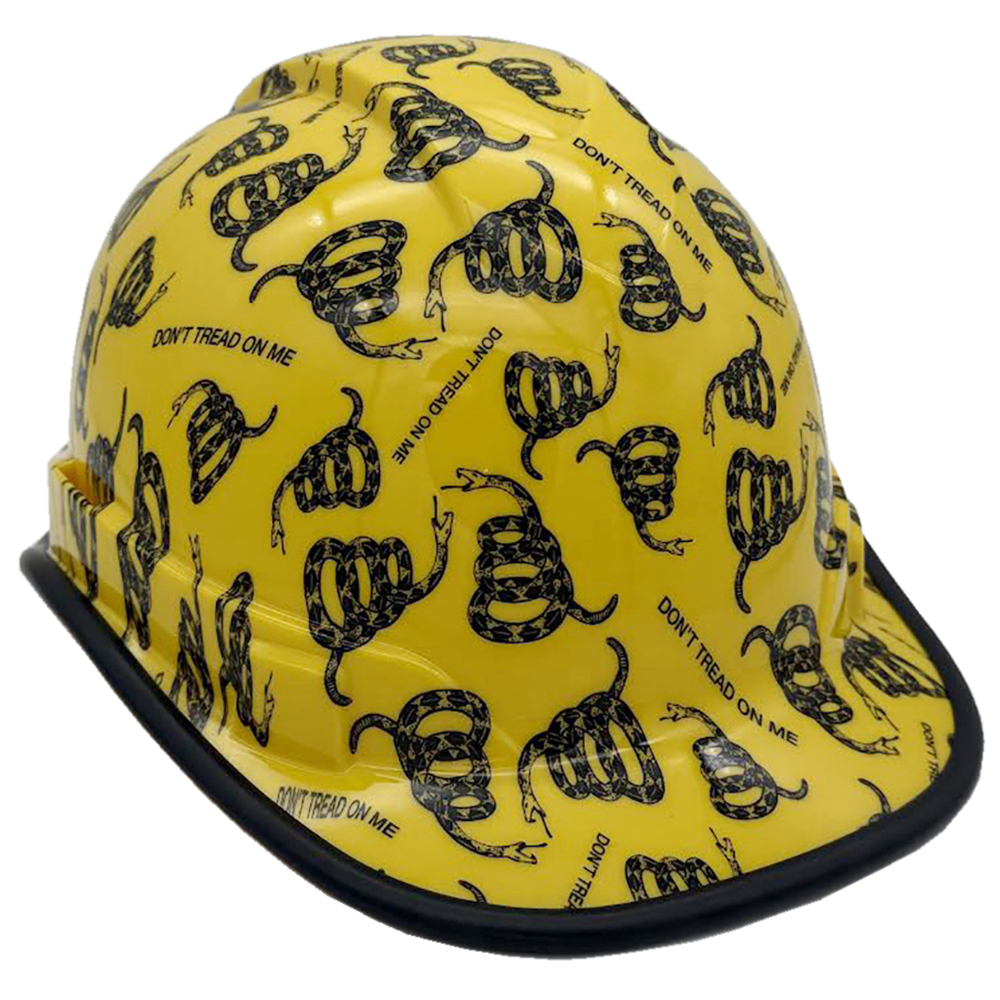 Don't Tread on Me Yellow Hydro Dipped Cap Style Hard Hat Edge Oblique Right