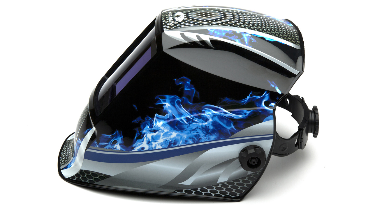 【oan】Lapima Blue Flame Hood Pyramex Auto Darkening Welding Helmet w/ Blue Fire Design
