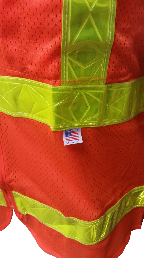 ANSI 2004 Sleeveless Class 2 Double Stripe Orange Mesh Safety Vests -Lime Stripes Front Pocket Pic