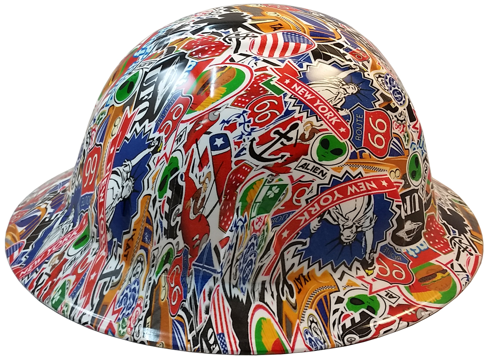 Route 66 Sticker Bomb Hydro Dipped Hard Hats, Full Brim Design ~ Right Side View