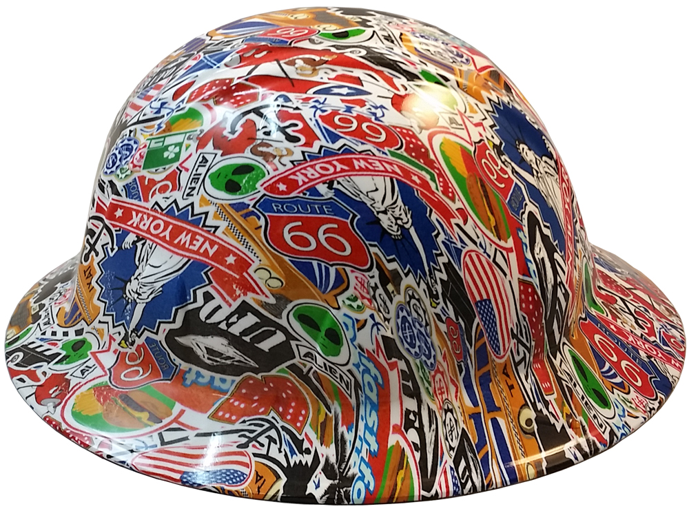 Route 66 Sticker Bomb Hydro Dipped Hard Hats, Full Brim Design ~ Left Side View