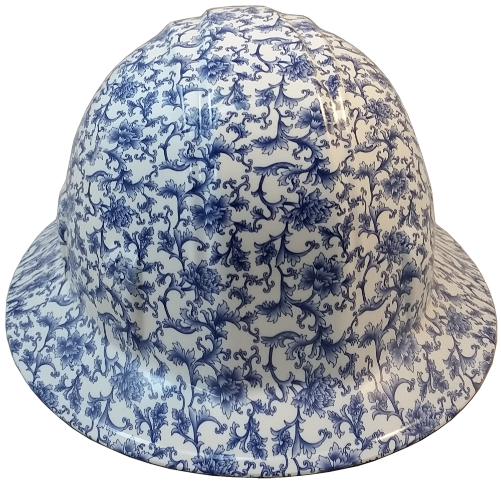 Blue Floral Hydro Dipped Hard Hats Full Brim Style ~ Front View Blue Floral Hydro Dipped Hard Hats Full Brim Style ~ Front View