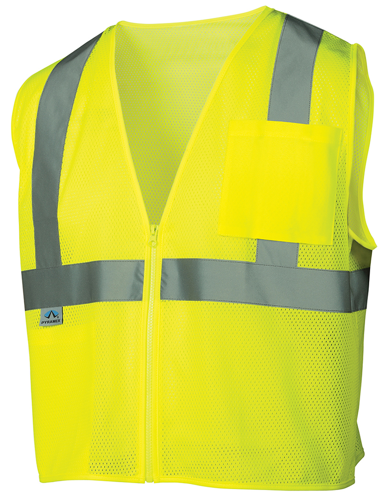 Pyramex Class 2 Hi-Vis Mesh Lime Safety Vests w/ Silver Stripes ~ Front View