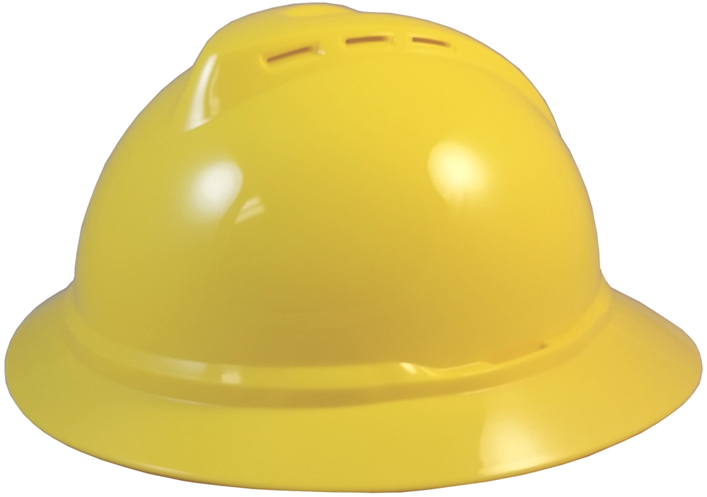 MSA Advance Full Brim Vented Hard hat with 4 point Ratchet Suspension Yellow - Oblique View
