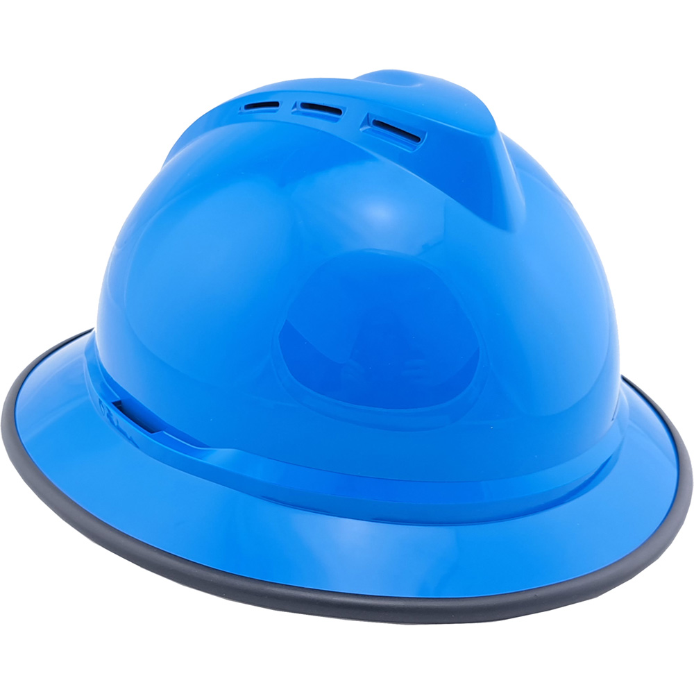 MSA Advance Full Brim Vented Hard hat with 6 point Ratchet Suspension Blue - with edge Oblique Left View