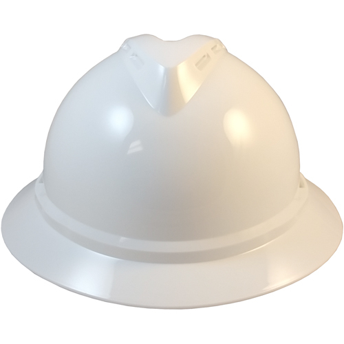 MSA Advance Full Brim Vented Hard hat with 6 point Ratchet Suspension White - Front View