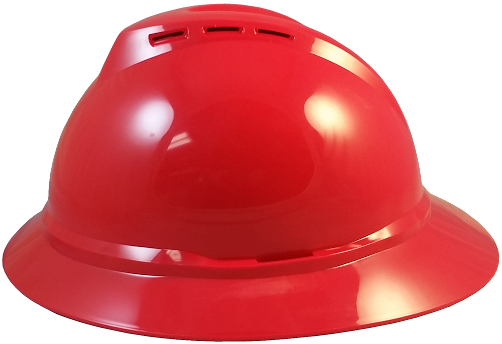 MSA Advance Full Brim Vented Hard hat with 6 point Ratchet Suspension Red - Left Side View