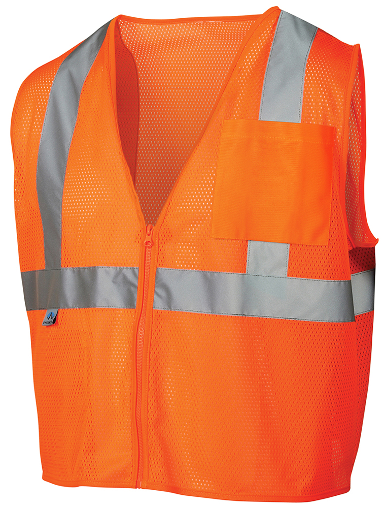 Pyramex Class 2 Self Extinguishing Mesh Hi-Vis Orange Safety Vests w/ Silver Stripes ~ Front View Pyramex Class 2 Self Extinguishing Mesh Hi-Vis Orange Safety Vests w/ Silver Stripes ~ Front View