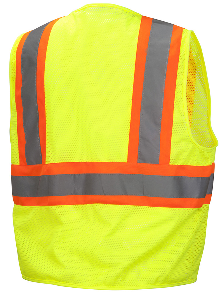 Pyramex Class 2 Self Extinguishing Hi-Vis Mesh Lime Safety Vests w/ Contrasting Stripes ~ Back View