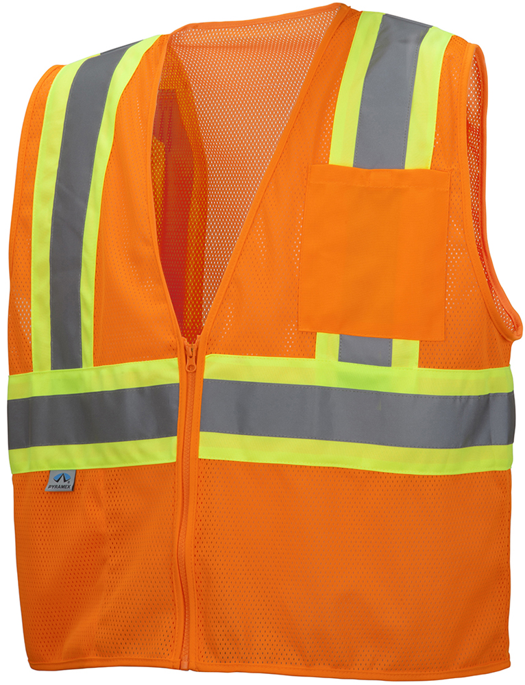Pyramex Class 2 Self Extinguishing Hi-Vis Mesh Orange Safety Vests w/ Contrasting Stripes ~ Front View