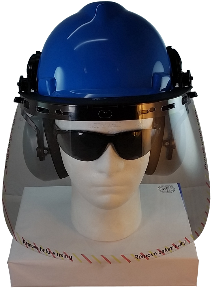MSA V-Gard Cap Style hard hat with Clear Faceshield, Hard Hat Attachment, and Earmuff - Front View Earmuffs Down