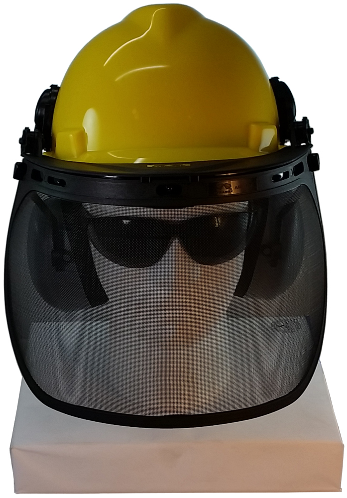 MSA V-Gard Cap Style hard hat with Smoke Mesh Faceshield, Hard Hat Attachment, and Earmuff - Yellow  - Front View Earmuffs Down