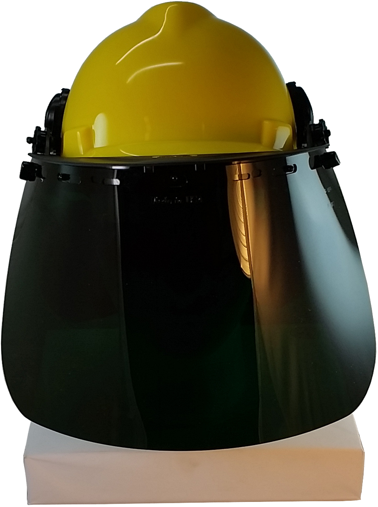 MSA V-Gard Cap Style hard hat with Dark Green Faceshield, Hard Hat Attachment, and Earmuff - Yellow - Front View Earmuffs Down