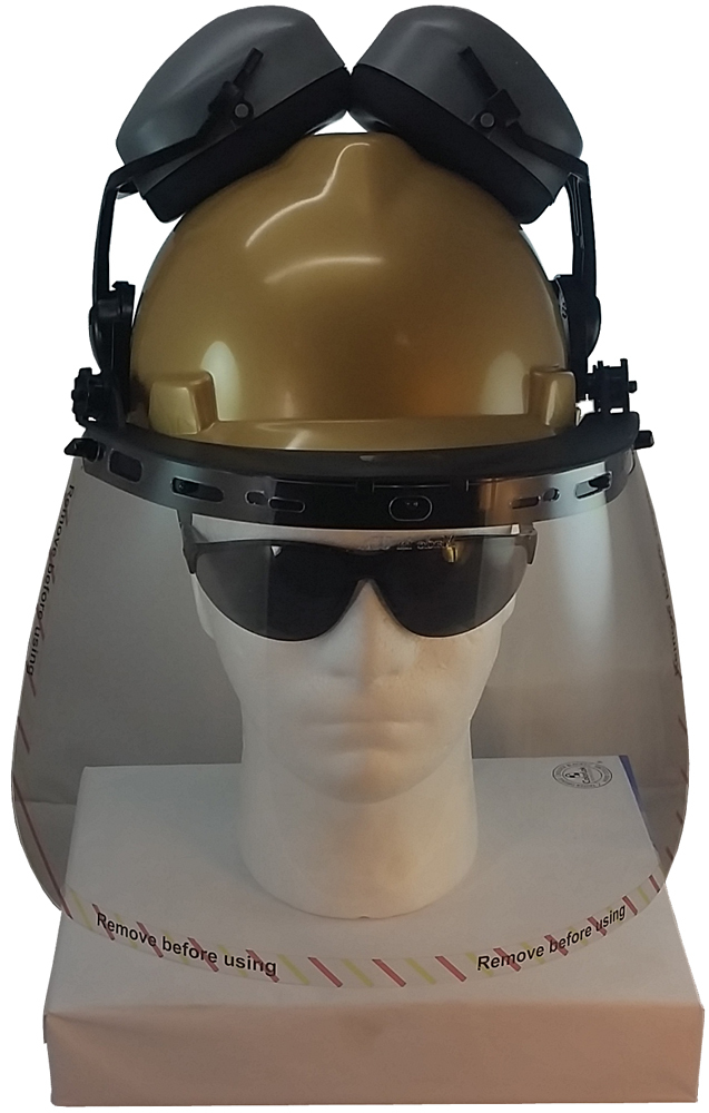 MSA V-Gard Cap Style hard hat with Polycarbonate Clear Faceshield, Hard Hat Attachment, and Earmuff - Gold - Front View Earmuffs Up