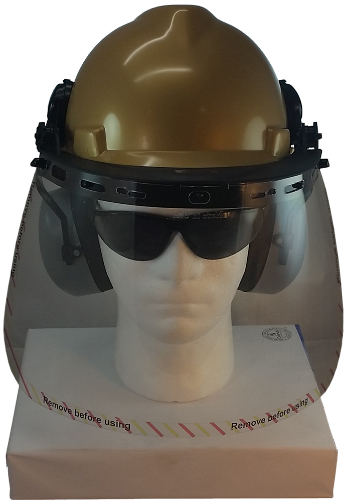 MSA V-Gard Cap Style hard hat with Polycarbonate Clear Faceshield, Hard Hat Attachment, and Earmuff - Gold - Front View Earmuffs Down