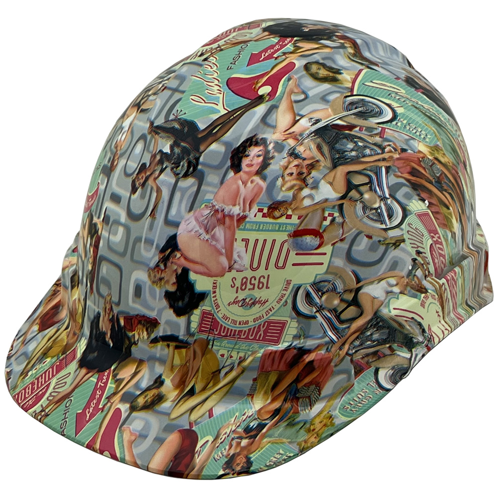 Vintage Pin Up Girls Cap Style Hydro Dipped Hard Hats - Oblique Left
