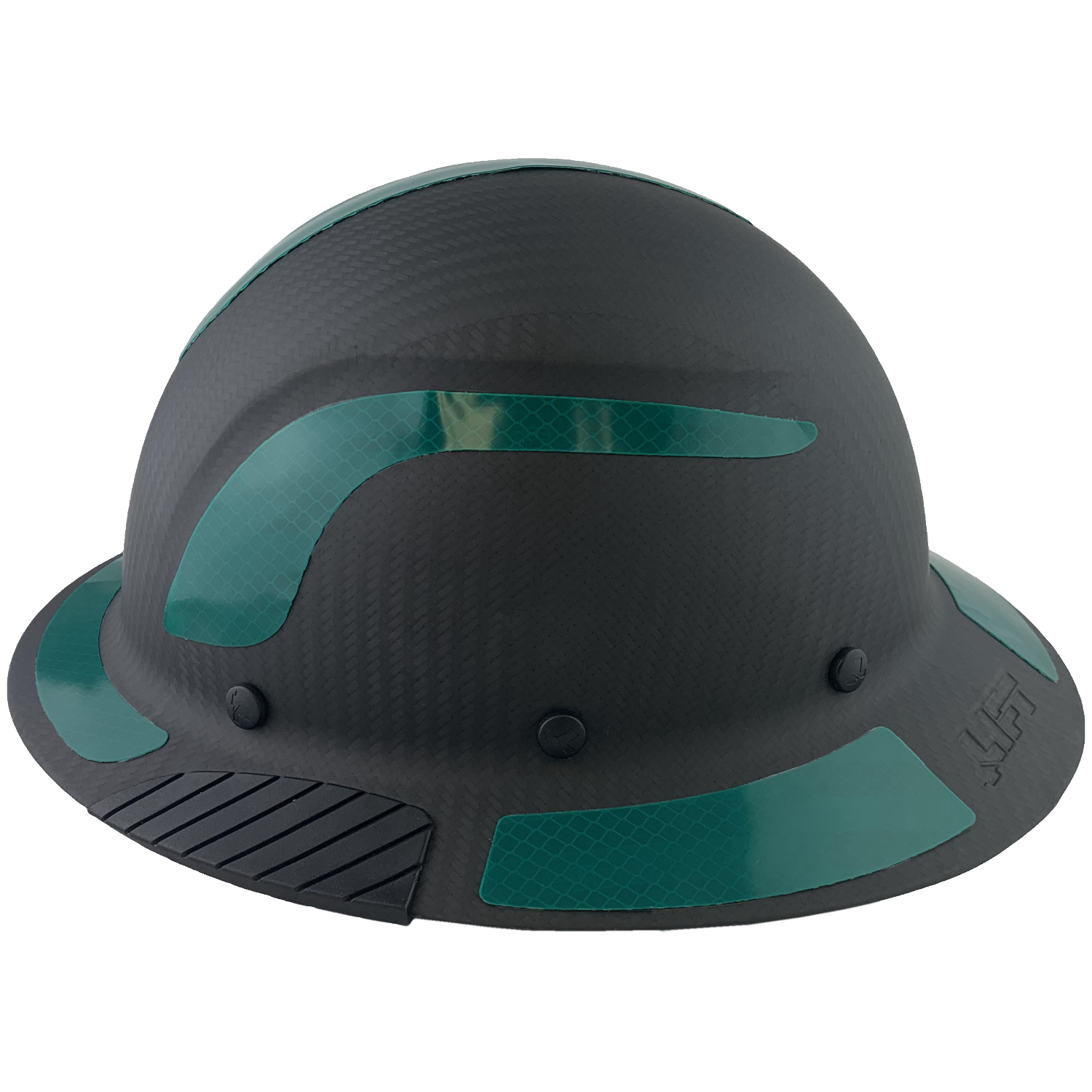 Actual Carbon Fiber Hard Hat - Full Brim Matte Black with Reflective Green Decal Kit Applied 