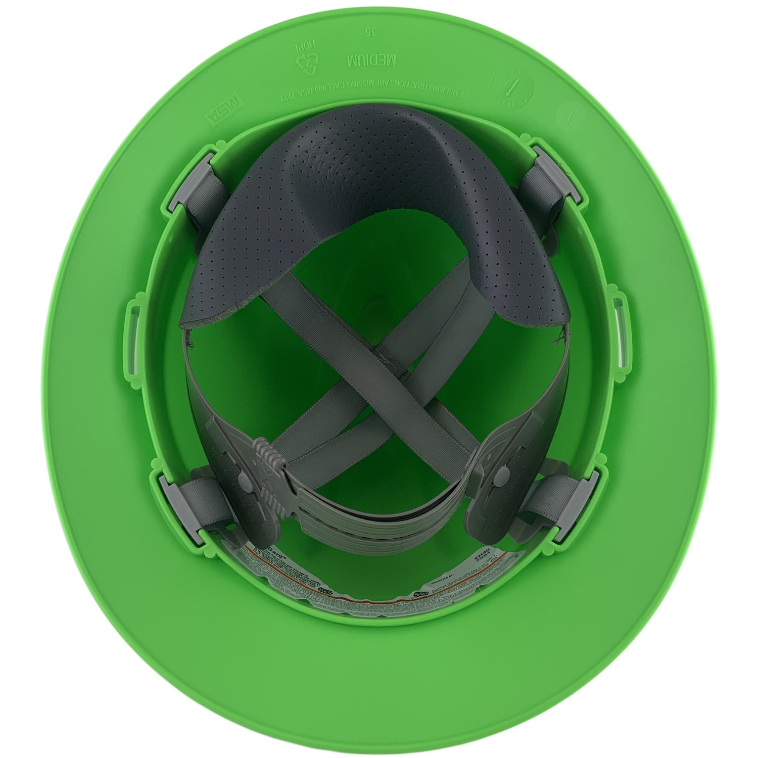 MSA V-Gard Full Brim Hard Hats with Staz On Suspensions Lime Green - Inside View