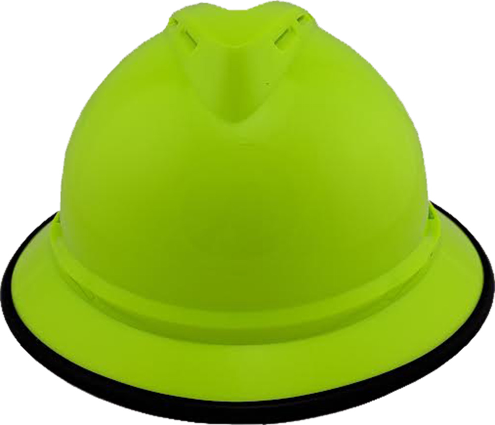 MSA Advance Full Brim Vented Hard hat with 6 point Ratchet Suspension Hi Viz Lime - Front View with edge