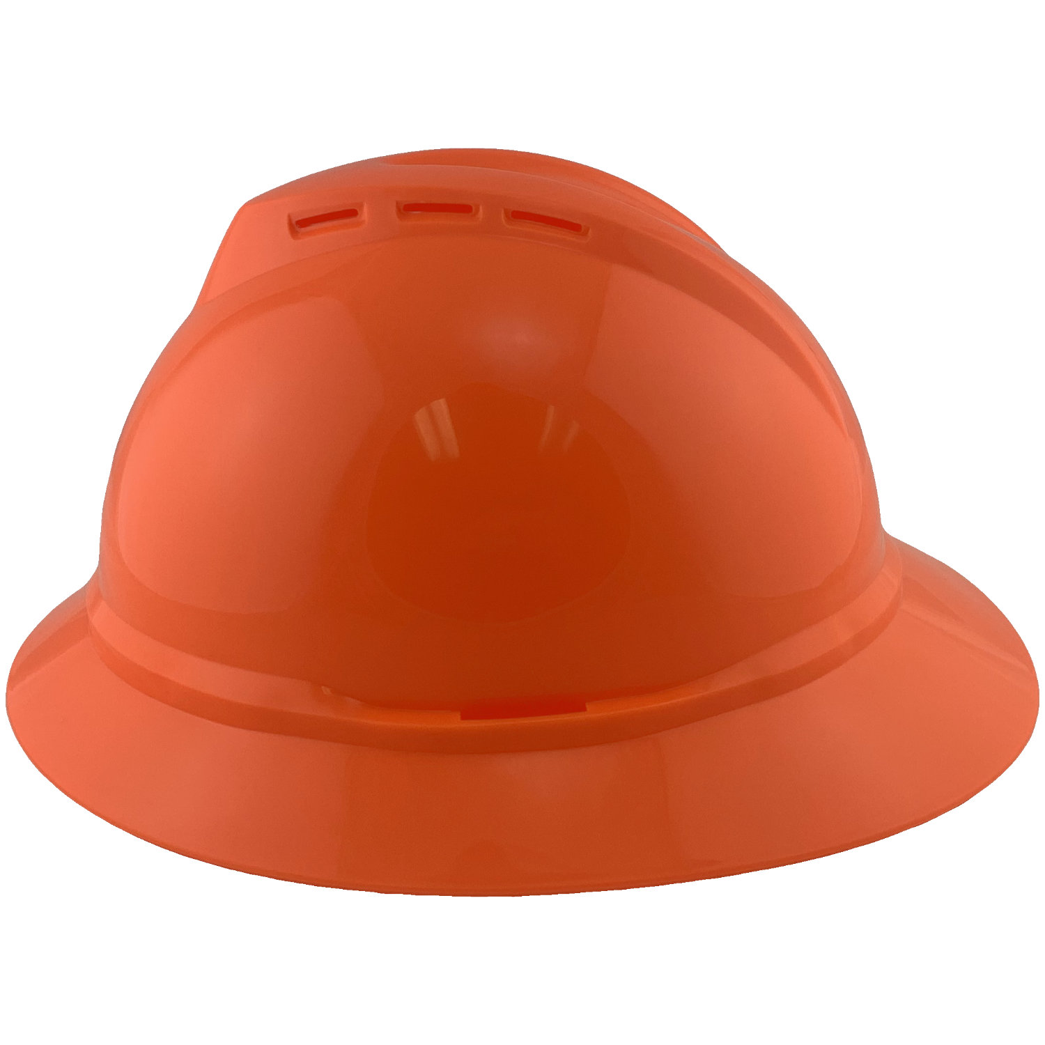 MSA Advance Full Brim Vented Hard hat with 4 point Ratchet Suspension Hi Viz Orange - Left View