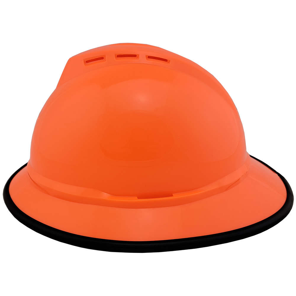 MSA Advance Full Brim Vented Hard hat with 4 point Ratchet Suspension Hi Viz Orange - Left View with edge