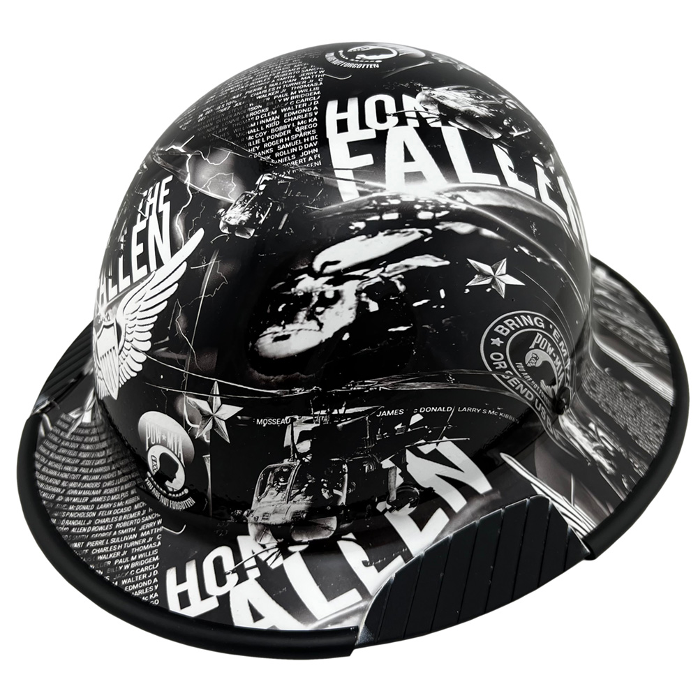 Honor the Fallen Fiber Design Full Brim Hydro Dipped Hard Hats with Edge
Left Side Oblique View
