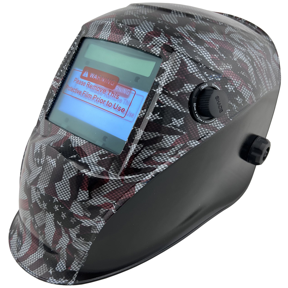 Hydro Dipped Auto Darkening Welding Helmet – Carbon Fiber USA Flag Design
Left Side Oblique View