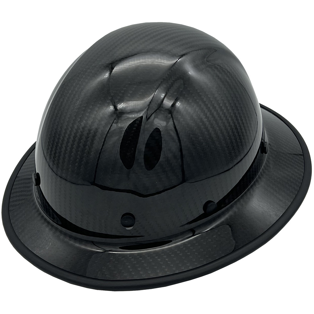 Dynamic Wolfjaw Full Brim Carbon Fiber Hard Hat with 8 Point Ratchet Suspension Shiny Black - Edge Oblique Left