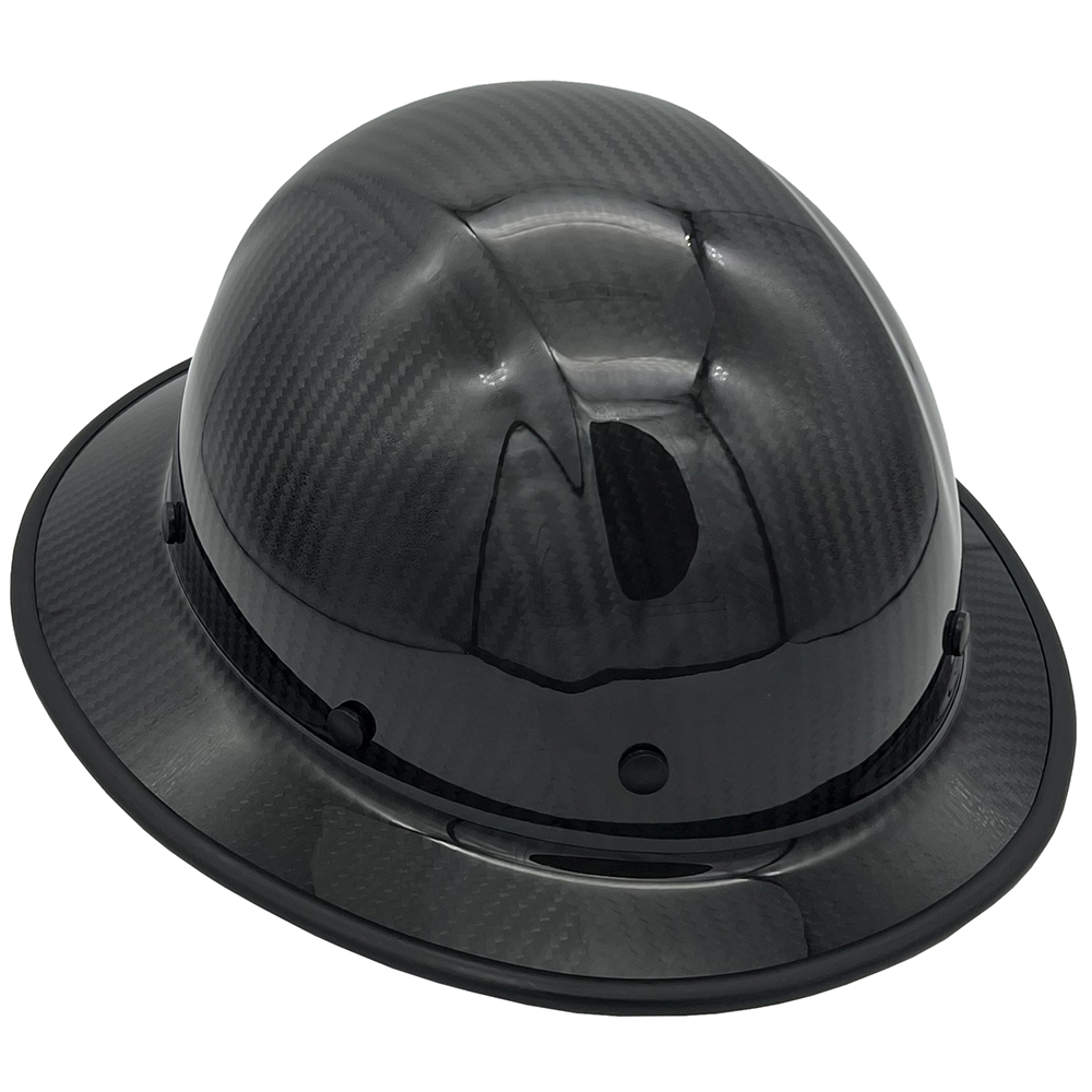 Dynamic Wolfjaw Full Brim Carbon Fiber Hard Hat with 8 Point Ratchet Suspension Shiny Black - Edge Oblique Right