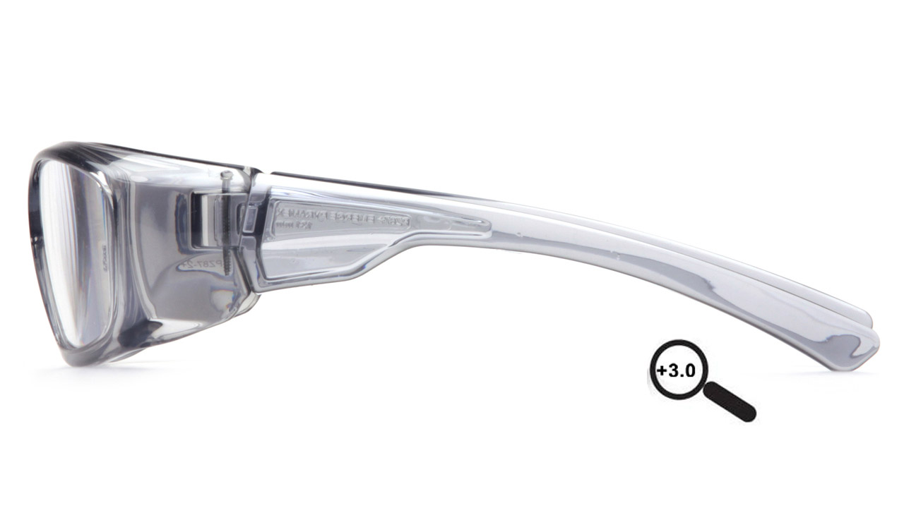 Pyramex Emerge ~ Magnification Glasses ~ Gray Frame ~ Clear 3.0 Lens side Pyramex Emerge ~ Magnification Glasses ~ Gray Frame ~ Clear 3.0 Lens side