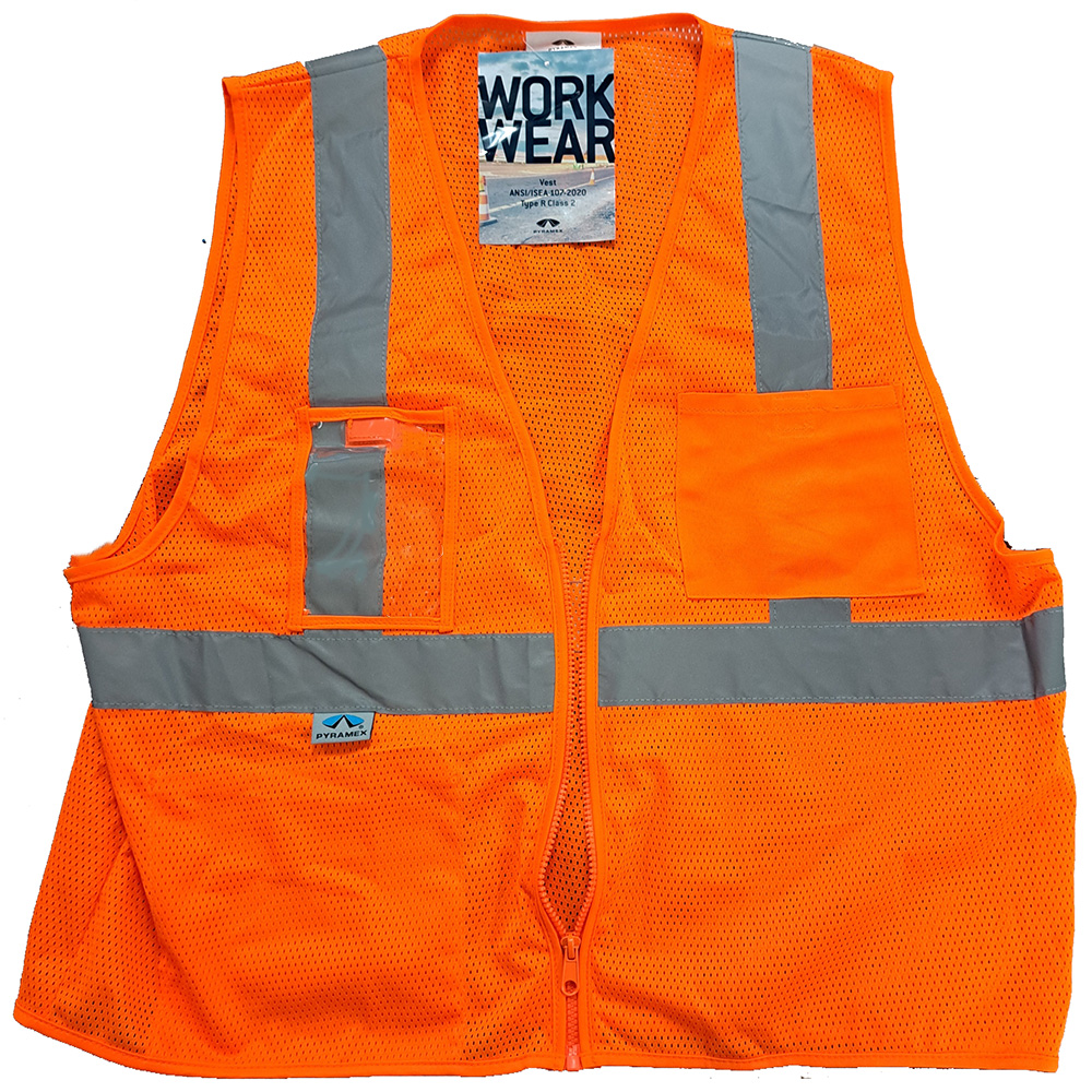 Pyramex Class 2 Hi-Vis Mesh Lime Safety Vests w/ Silver Stripes  and Clear Pocket front