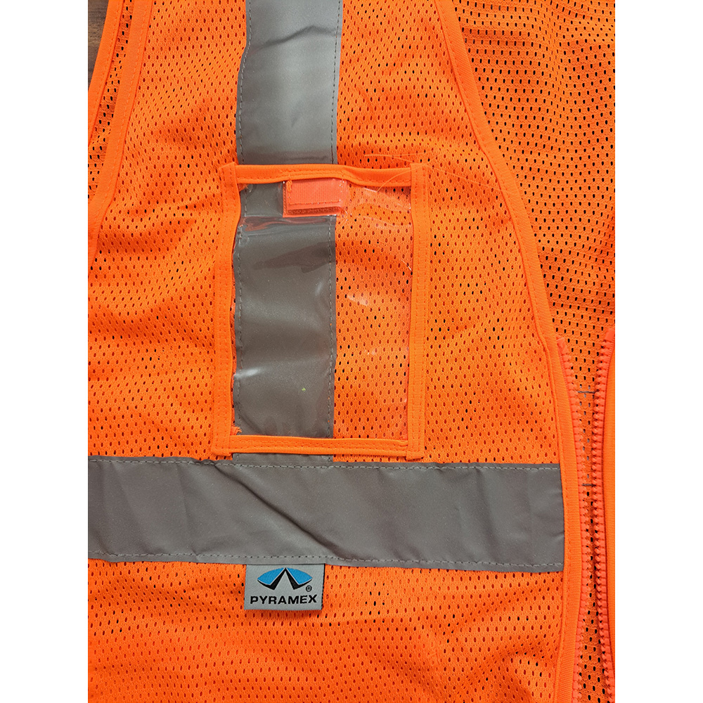 Pyramex Class 2 Hi-Vis Mesh Lime Safety Vests w/ Silver Stripes  and Clear Pocket close up