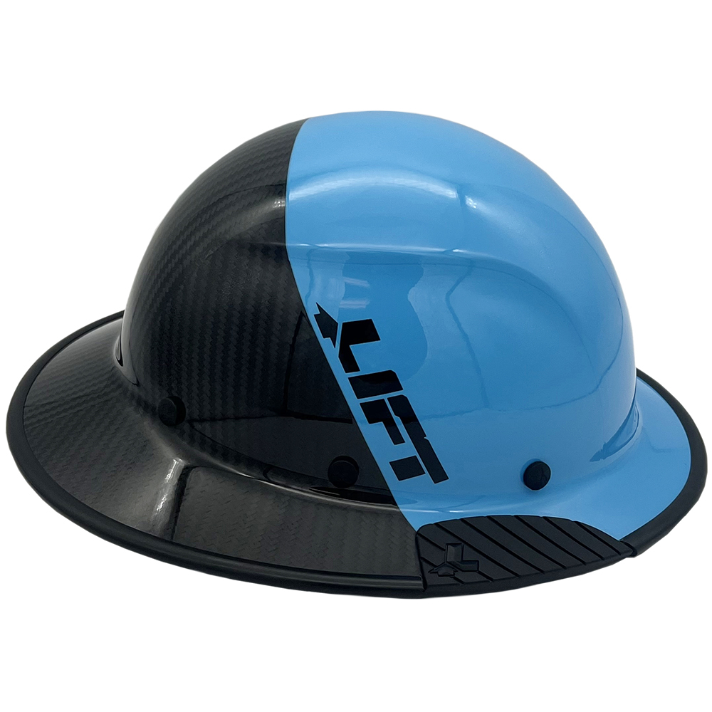 Actual Carbon Fiber Hard Hat Full Brim Glossy Black and Cyan - Edge Right
