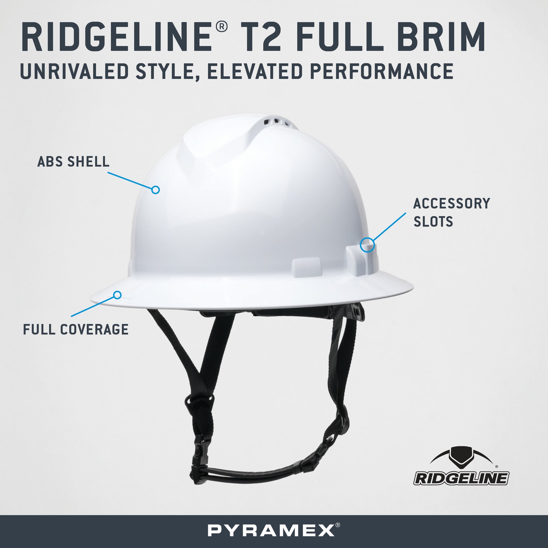 Pyramex Type II T2 Vented Ridgeline Full Brim Hard Hat - White front brochure