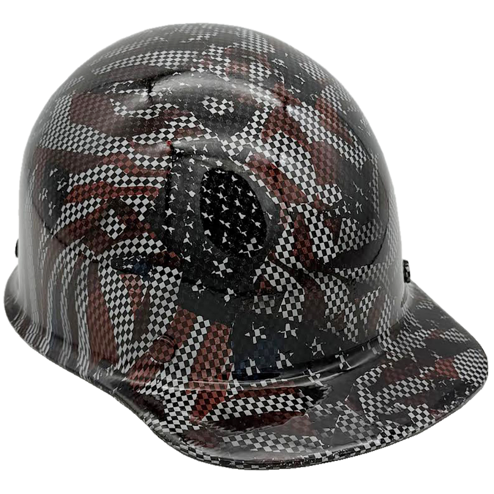 Skullgard Cap Style Fiberglass Hard Hat with Ratchet Suspension and Carbon Fiber American Flag Hydro Dip Design - Oblique Right