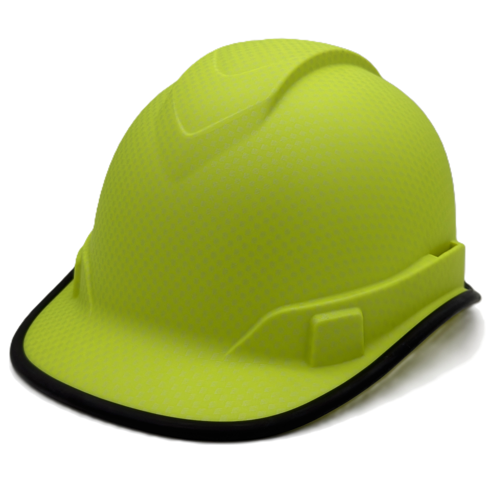 Oblique Left View Edge Pyramex Ridgeline Cap Style Hard Hat with Matte Lime Graphite Pattern 