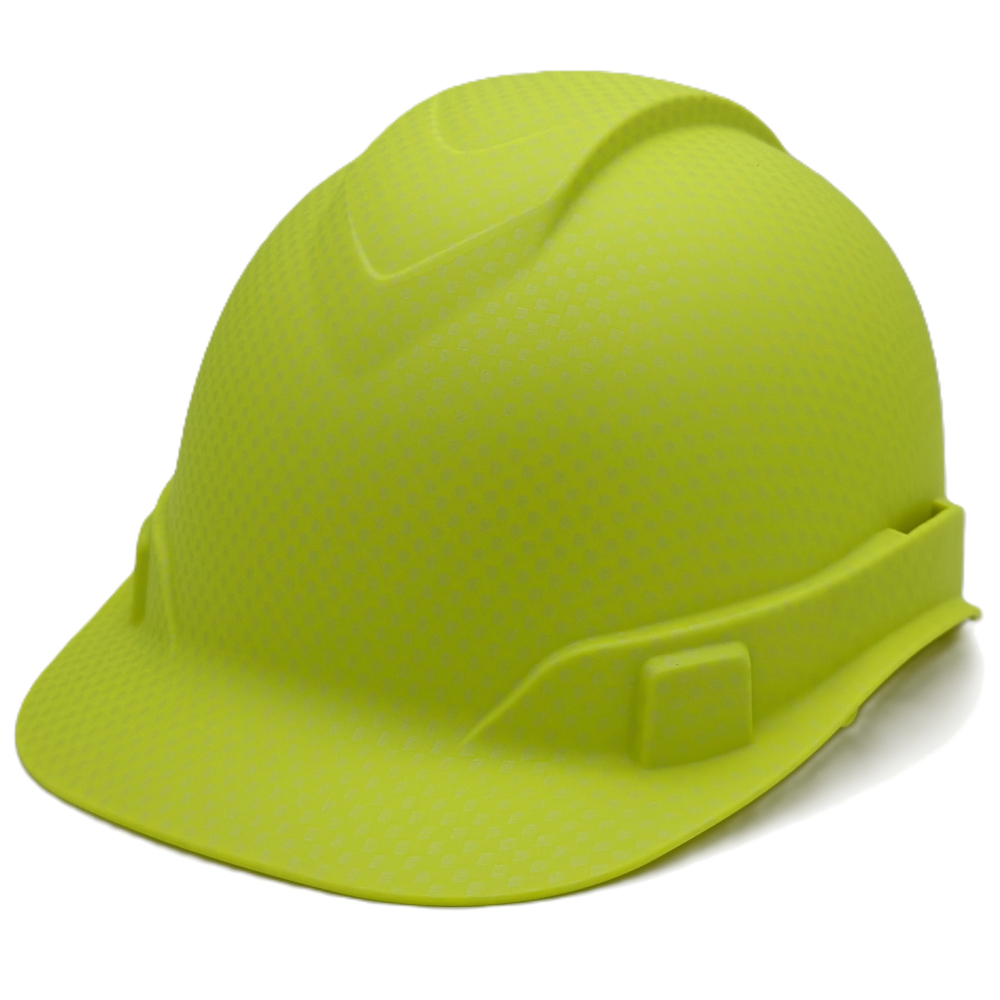 Oblique Left View Pyramex Ridgeline Cap Style Hard Hat with Matte Lime Graphite Pattern 
