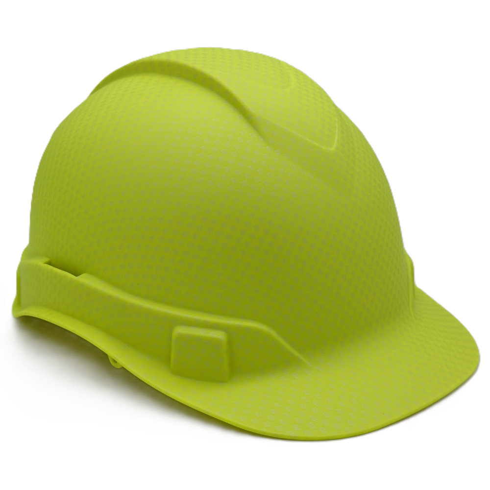 Oblique Right View Pyramex Ridgeline Cap Style Hard Hat with Matte Lime Graphite Pattern 