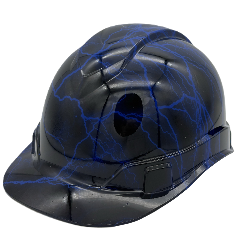 Blue Lightning Design Cap Style Hydro Dipped Hard Hats Oblique Left