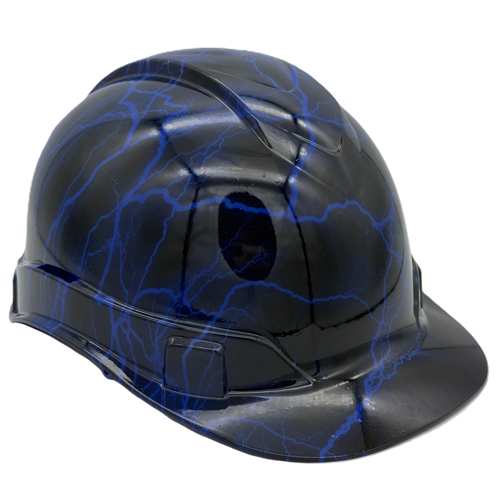 Blue Lightning Design Cap Style Hydro Dipped Hard Hats Oblique Right