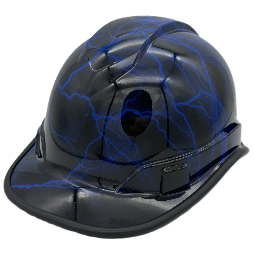 Blue Lightning Design Cap Style Hydro Dipped Hard Hats Edge Oblique Left