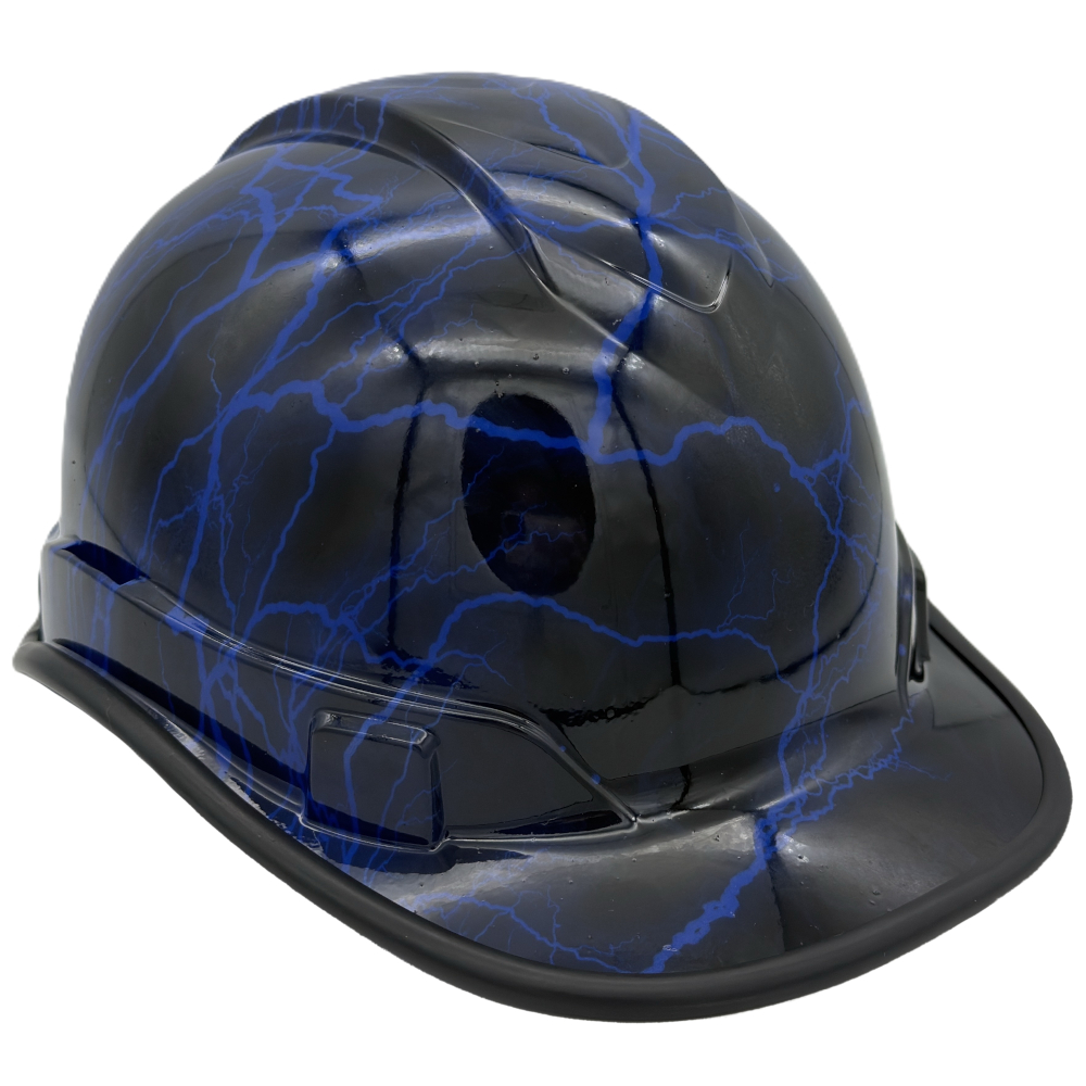Blue Lightning Design Cap Style Hydro Dipped Hard Hats Edge Oblique Right