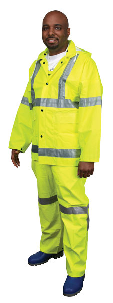 MCR Luminator 38 mm, PVC 3 Piece Class III Rainsuit Yellow with Silver Stripes- Size Medium MCR Luminator 38 mm, PVC 3 Piece Class III Rainsuit Yellow with Silver Stripes- Size Medium